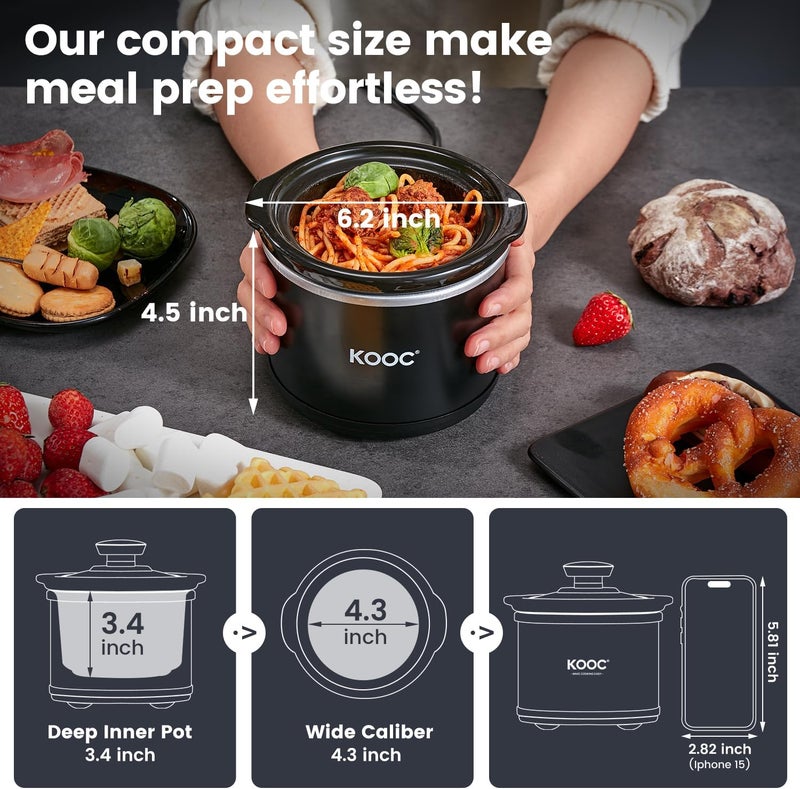 KOOC Small Slow Cooker, 0.65 Quart, Free Liners Included, Upgraded Ceramic Pot, Nutrient Loss Reduction, Sauces, Stews & Dips, Stainless Steel, Black, Round - Image 2